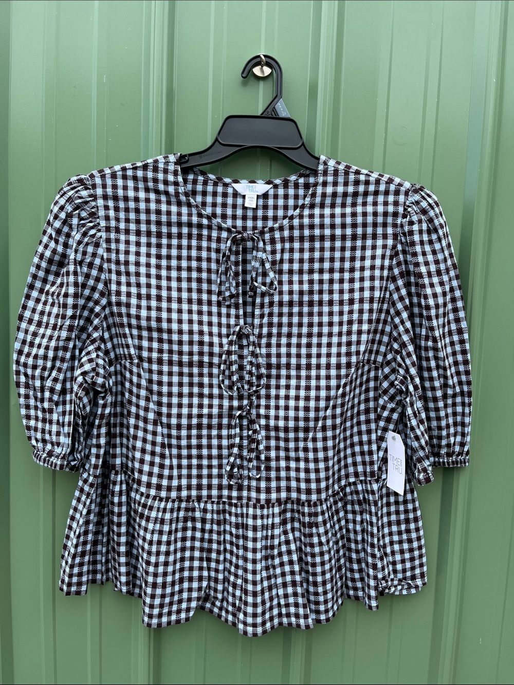 Women's L Blooming Blue Tie Front Peplum Top w/Short Puff Sleeves Size XXXL